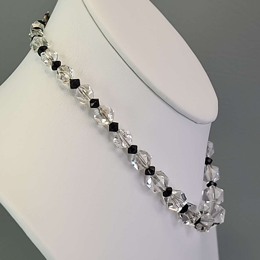 Vintage Glass Beaded Necklace Clear Round Black Bicone Accents 14.75″