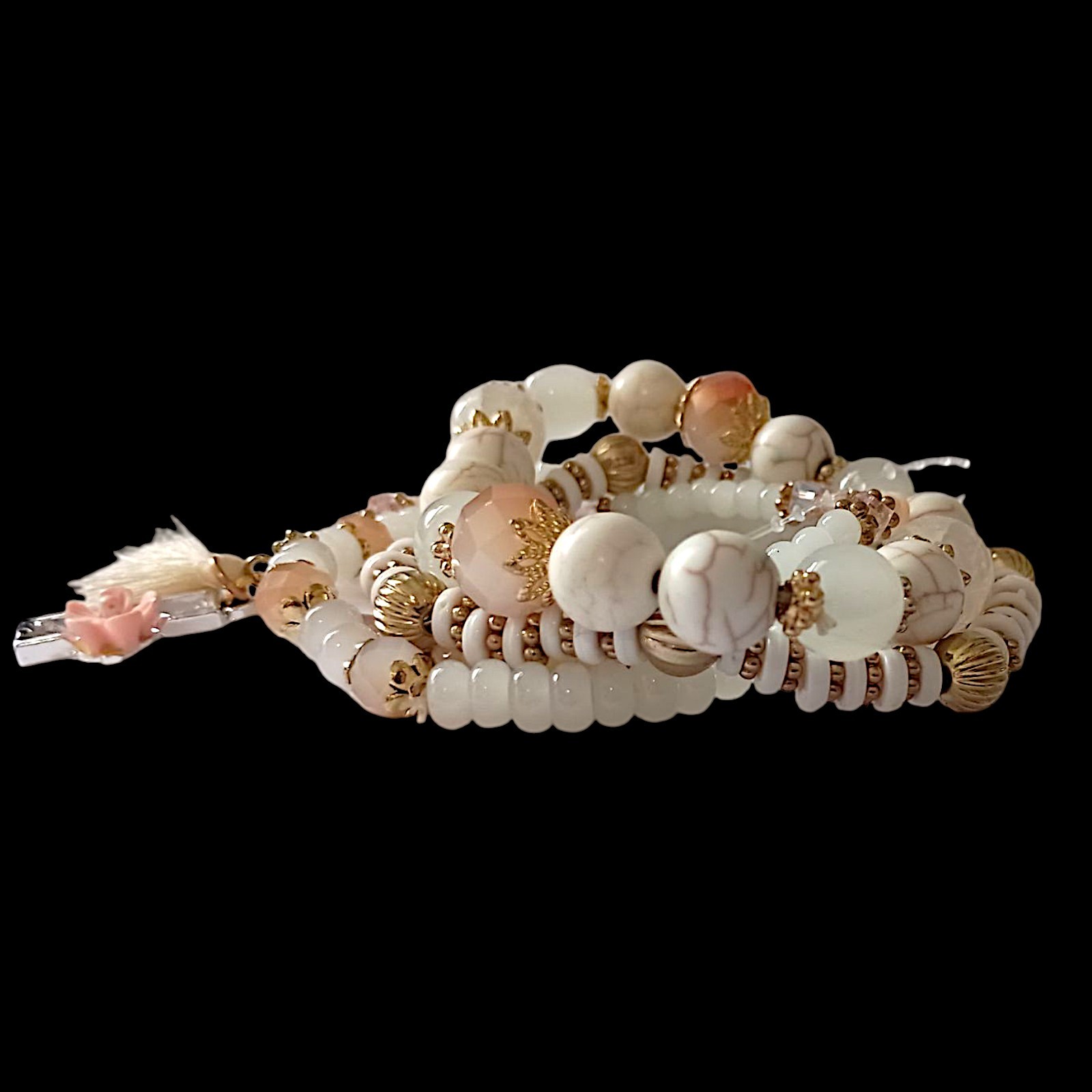 Y2K Multi Strand Beaded Bracelet Glass Stacked Floral Neutrals Fairy Indie Boho