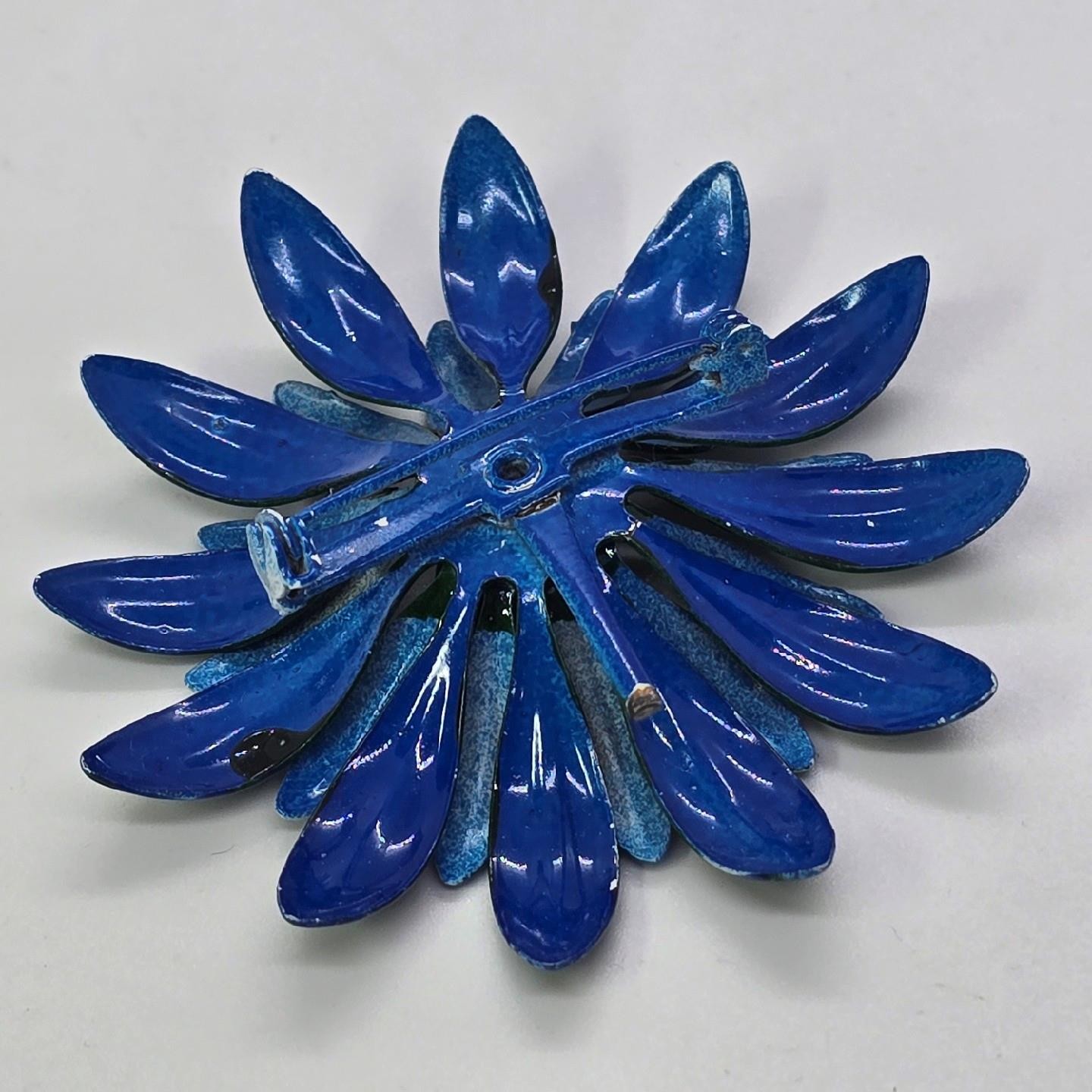 Vintage Large Blue Green Enamel Flower Brooch Pin Mid Century Atomic Daisy