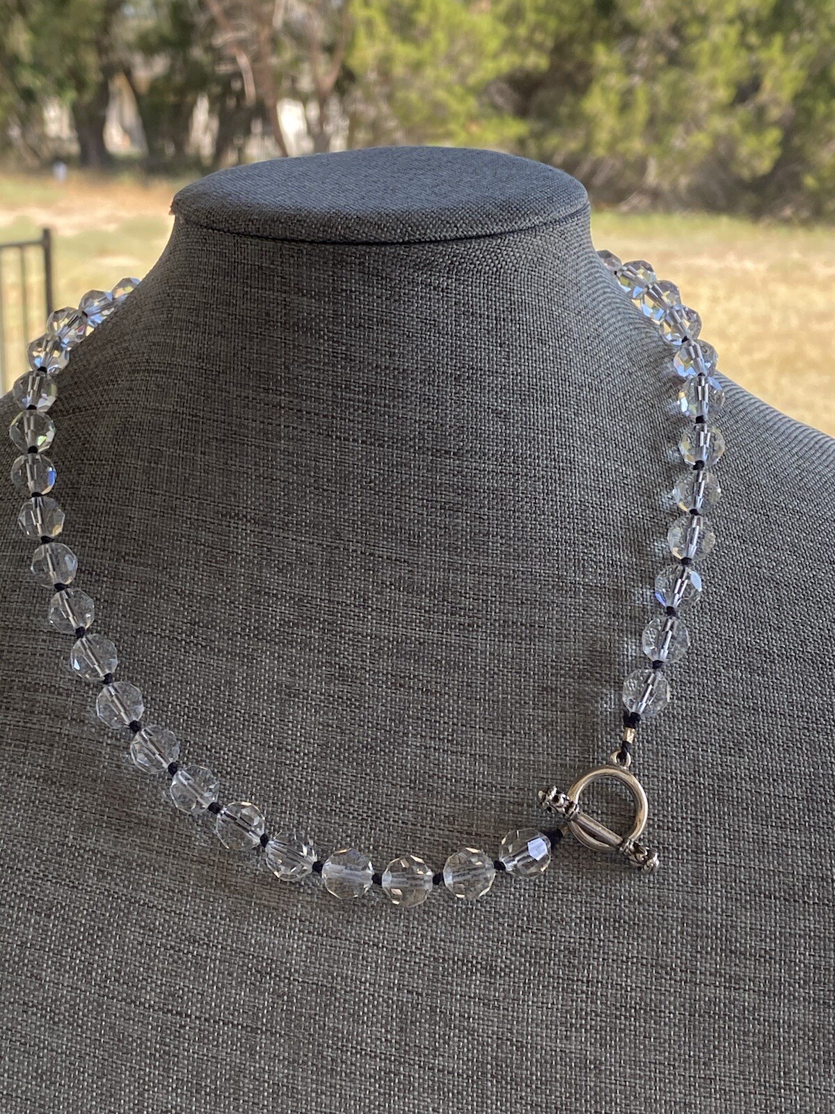 Necklace Faceted Crystal Glass Beads Clear Black Thread Knotted Artisan 21”