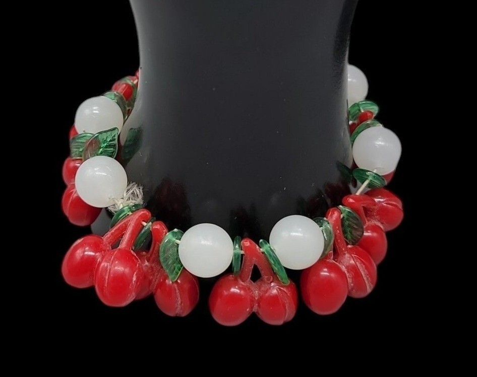 Lucite Cherry 34″ Necklace & 7″ Stretch Bracelet Red Cherries Translucent Beads