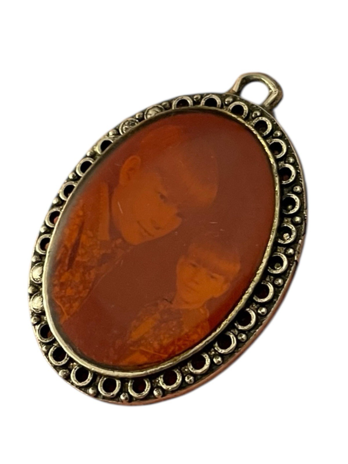 Vintage Portrait Pendant Amber Tone Person Unknown Approximately 2”