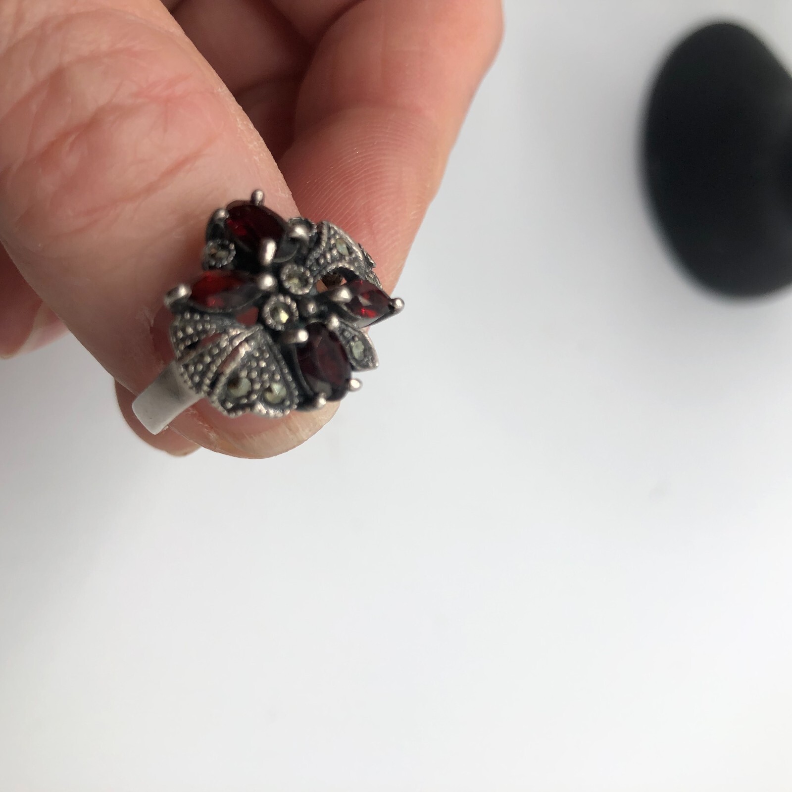 Art Deco Garnet Marcasite Ring 4 Asymmetrical stones different shapes 925 size 7