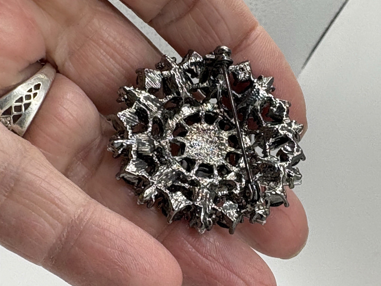 Black Clear & Pink Rhinestone Gun Metal Brooch