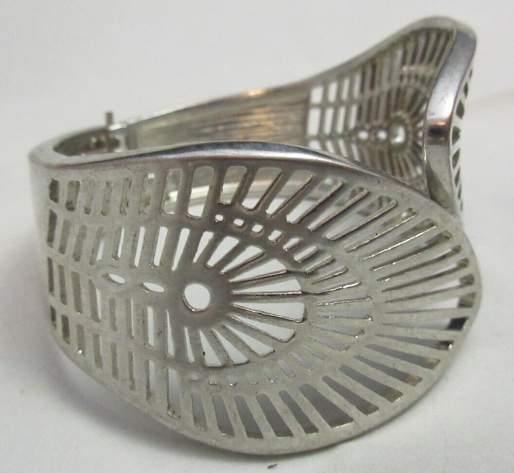 Wide Vintage Hinged Open Work Clamper Cuff Bracelet Silver Tone Wrap Around Look
