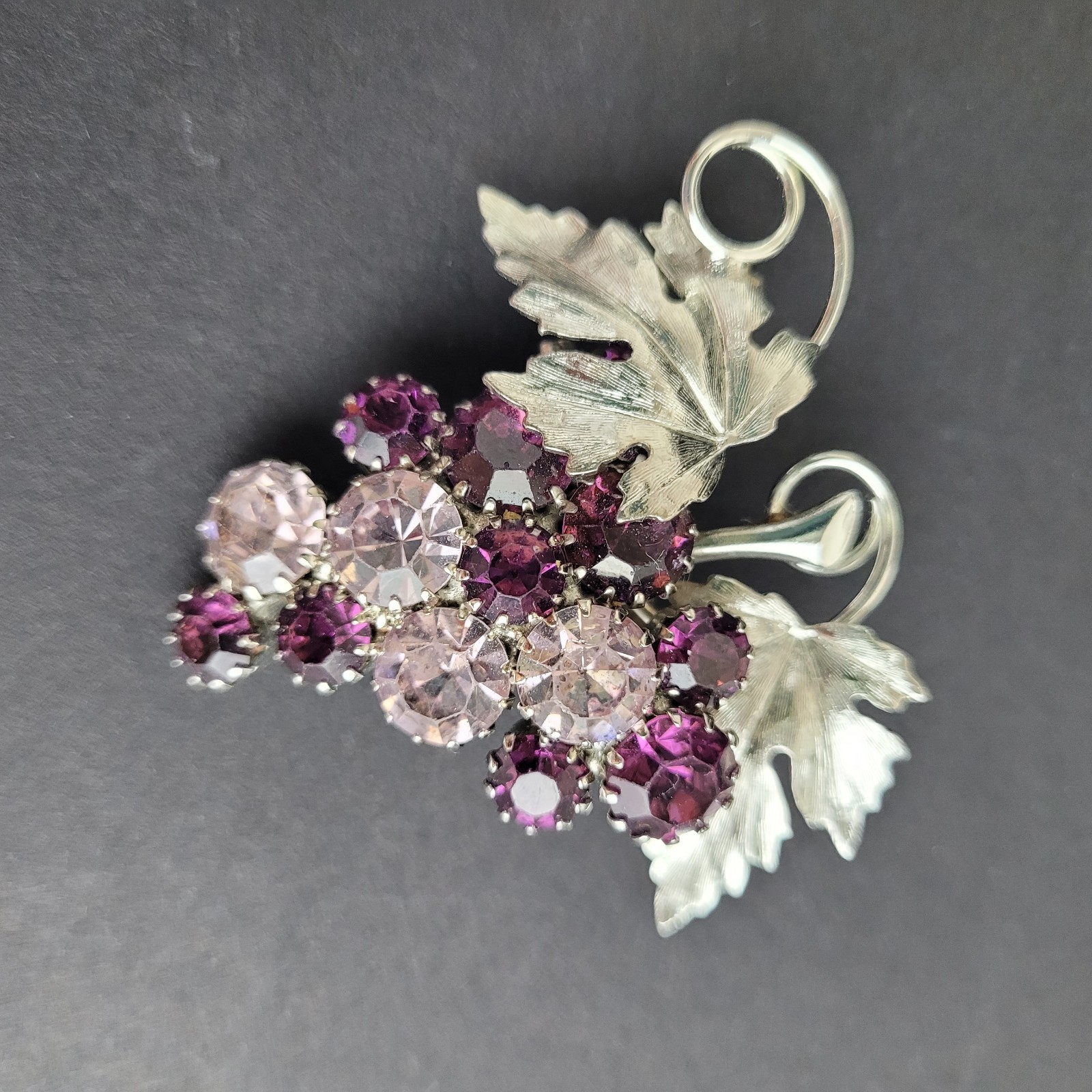 Shades of Purple Rhinestone Grape Cluster Brooch Silver Tone