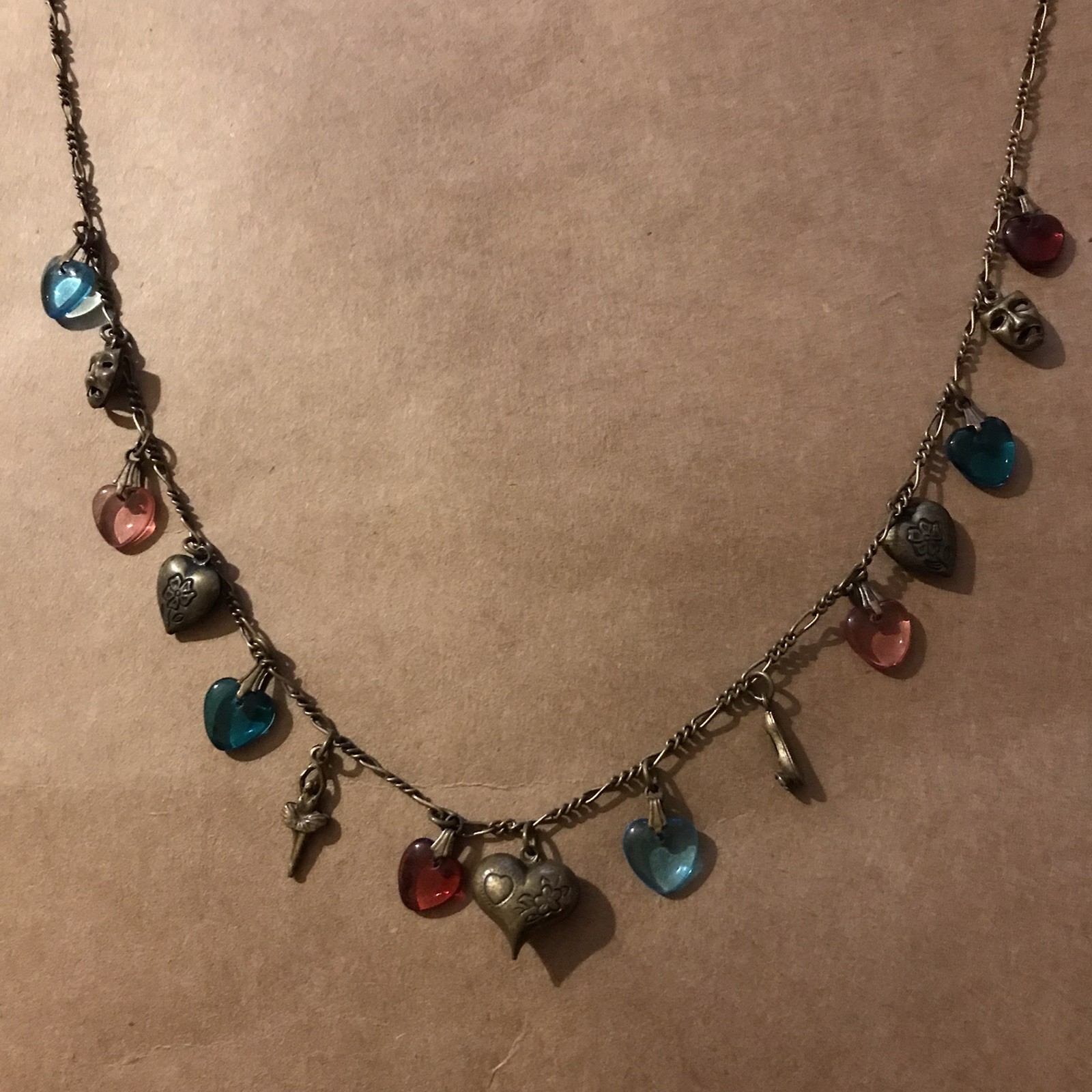 Vintage Glass Works Studio Charm Necklace Brass With Glass Hearts & brass Charms