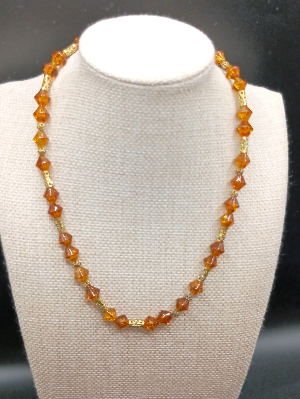 Vintage Orange Bicone Beaded Necklace Gold Tone Accents 22″