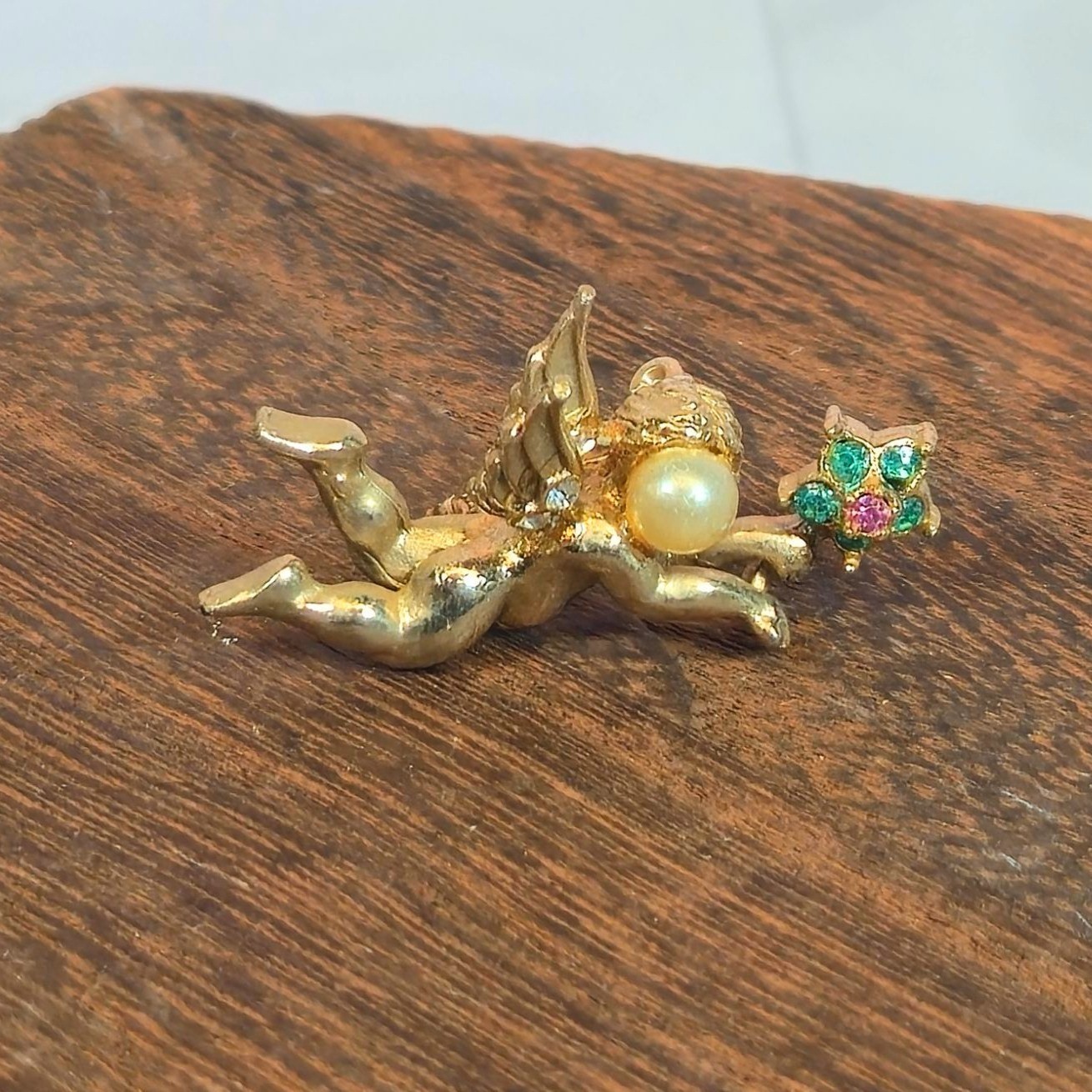 Vintage Coro Angel Brooch Gold Tone glass Rhinestone Flower cherub Mini pin
