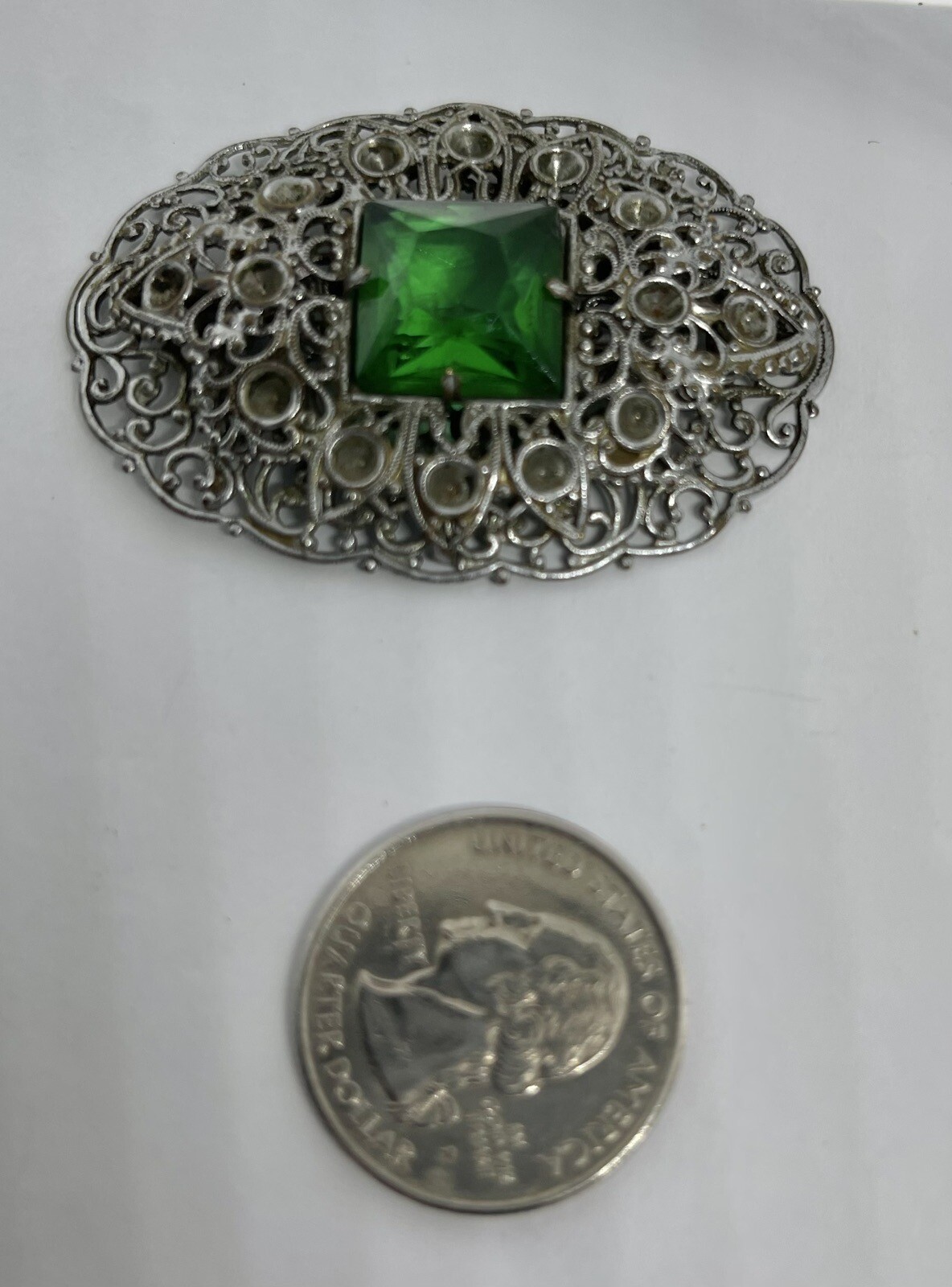 Antique Art Deco Green Domed Square Czech Glass Silvertone Filigree Brooch