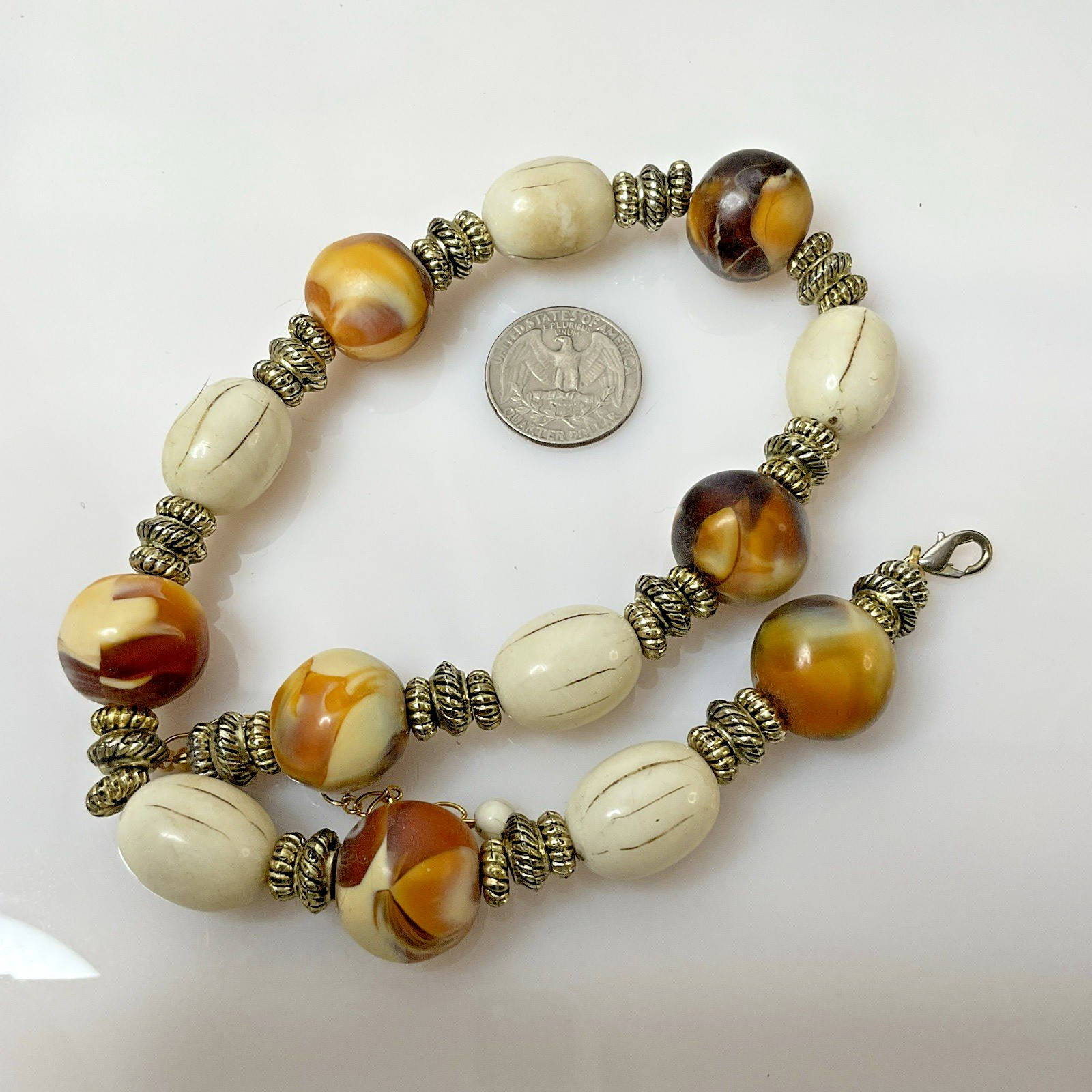 Vintage Chunky Beaded Necklace Resin Faux Amber & Faux Bone Boho Tribal 17-18”