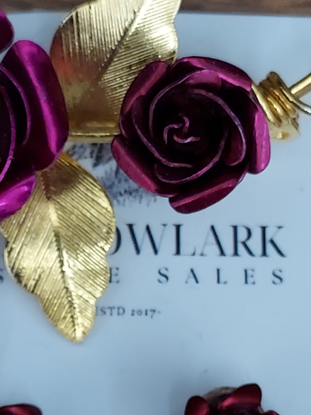 Vintage Red Rose Necklace, Brooch, Earrings Goldtone 17in. Chain