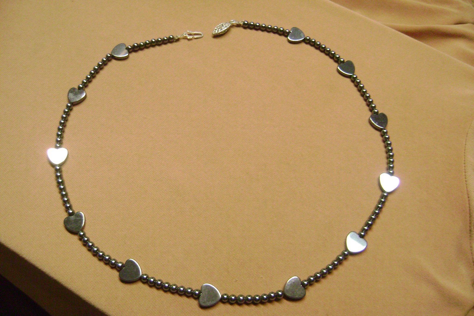 VINTAGE HEMATITE GREY HEART, ROUND BEADED 20″ LENTH NECKLACE- FILIGREE CLASP