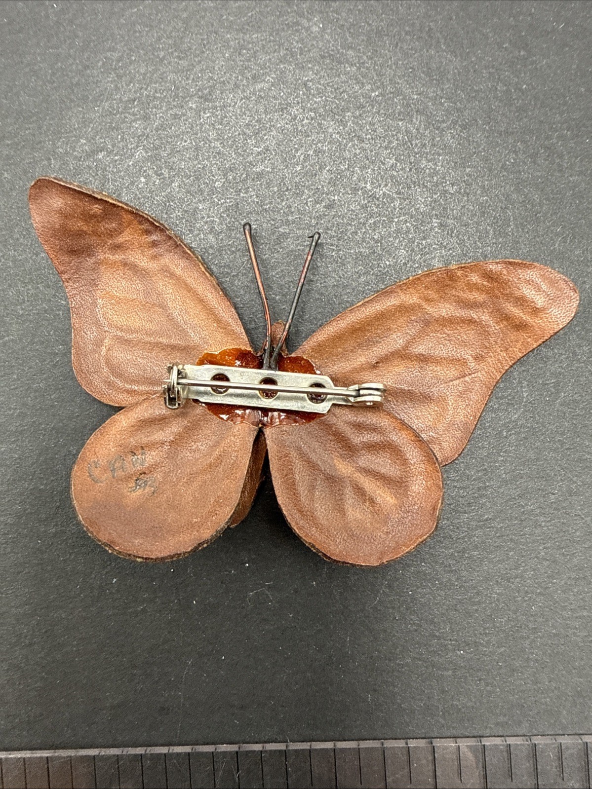 Artisan Signed Tooled Leather Butterfly Brooch Pin J15b