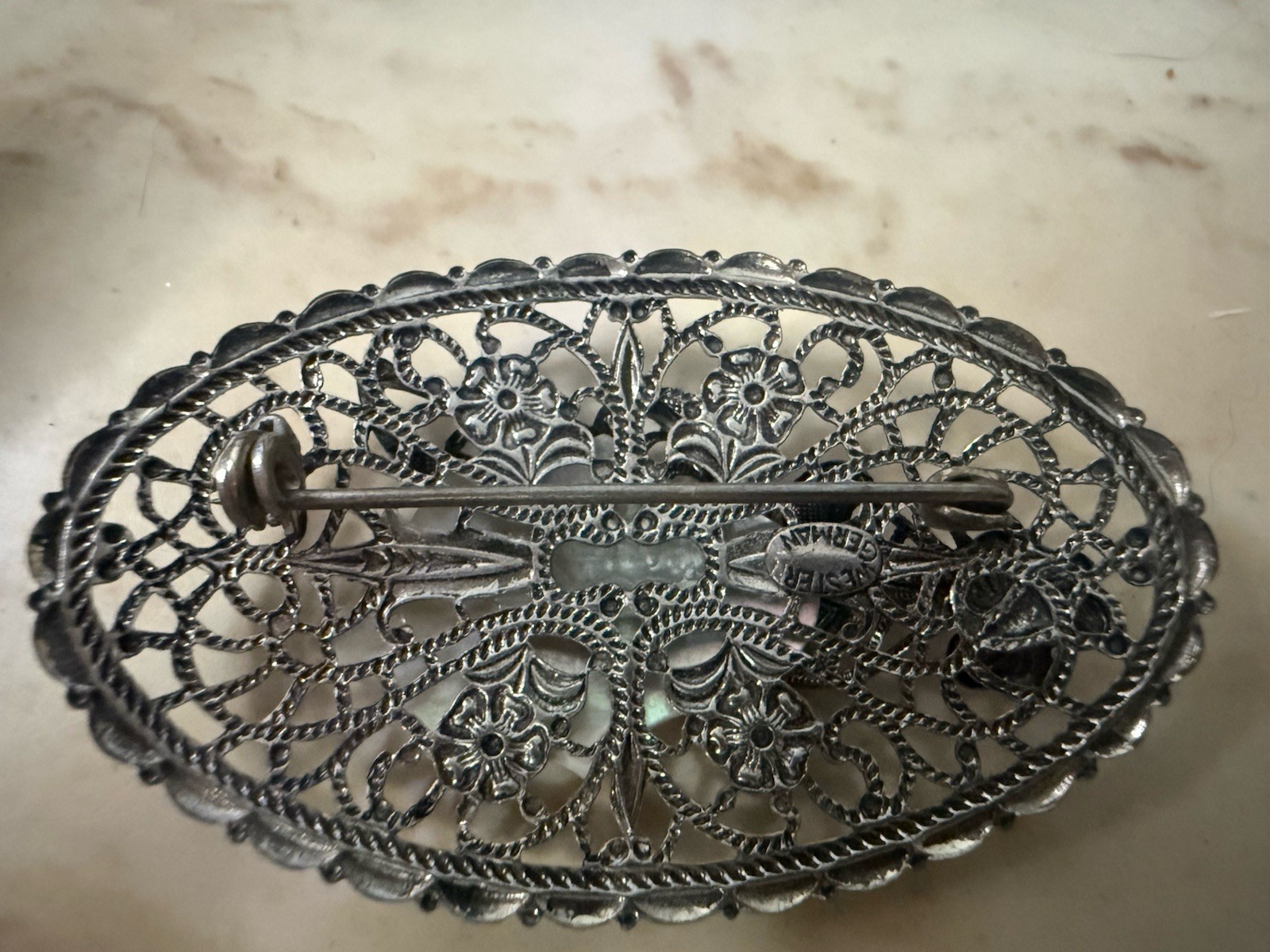 Vintage Filigree Silver-tone Mother of Pearl Leaf Brooch From Western Germany