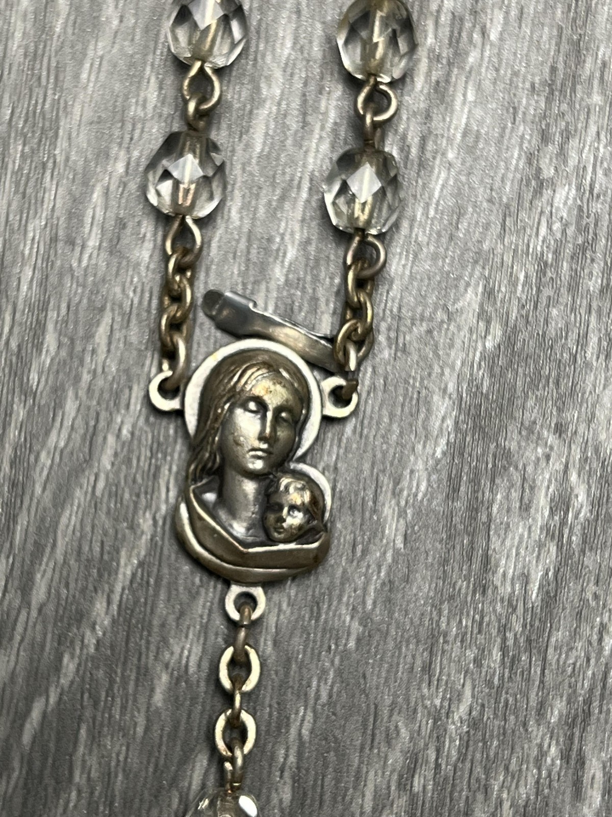 Vintage Catholic Rosary Clear Glass Beads Silver Tone Crucifix Mary Medal