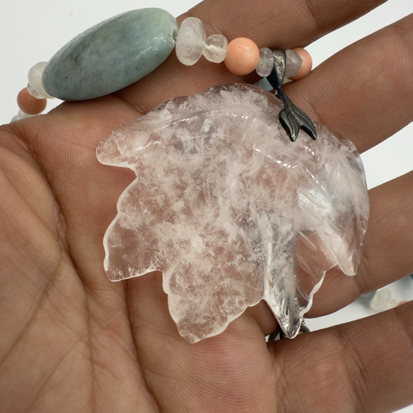 Vtg Sterling Carved Rock Crystal Necklace Angel Skin Coral Moonstone WOW