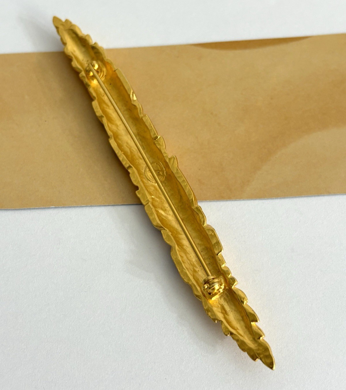 Vintage Karl Lagerfeld Wheat Brooch Brushed Matte Gold Tone Finish Red Enamel