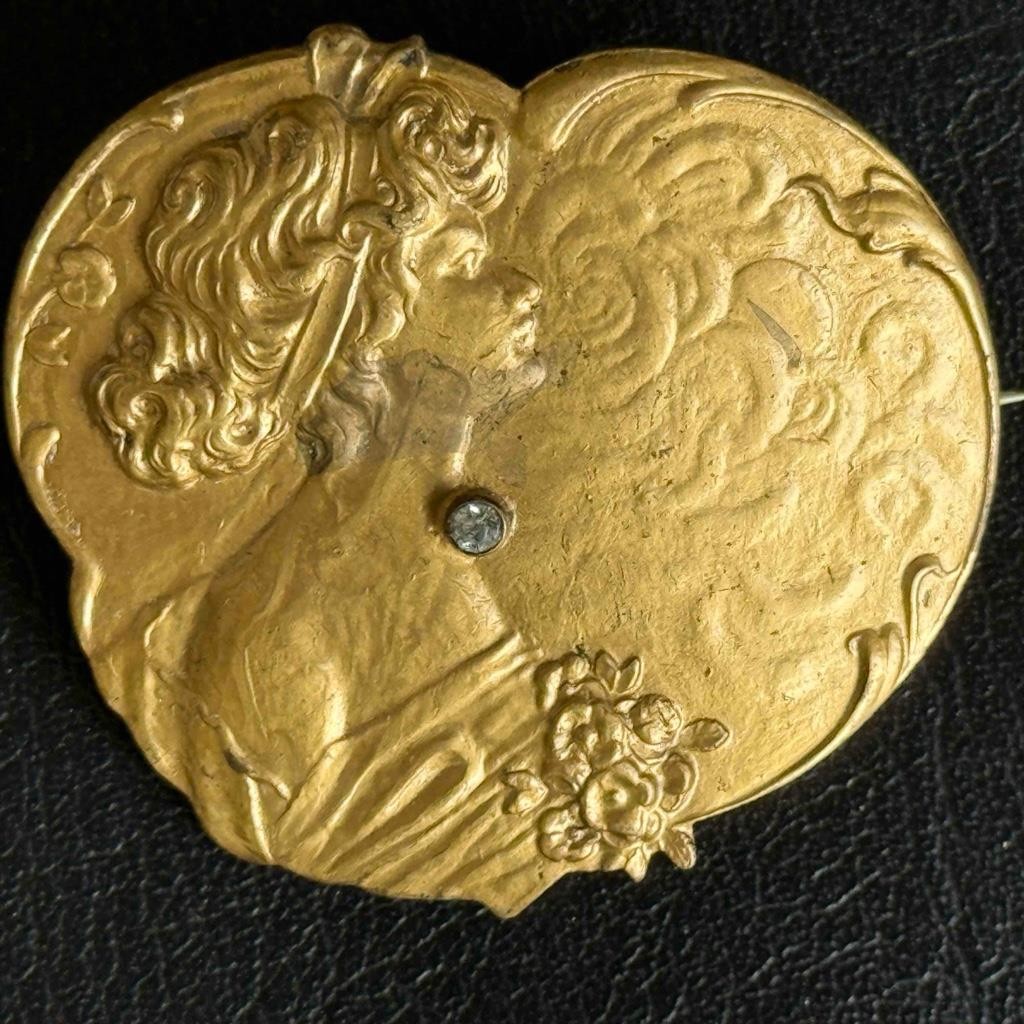 Vintage Art Nouveau Revival Portrait Brooch Lady /Bezel Set Rhinestone Gold Wash