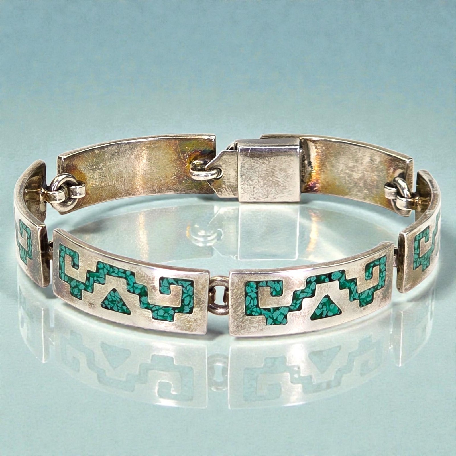 Vintage Signed Taxco Mexico Sterling Silver Turquoise Chip Inlay Link Bracelet