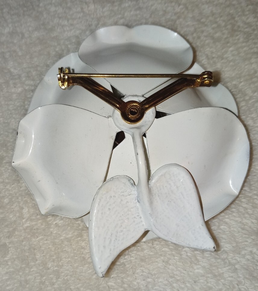 Enamel Brooch Vtg 60s Huge Pop Art White Black Polka Dots Flower Rockabilly Pin