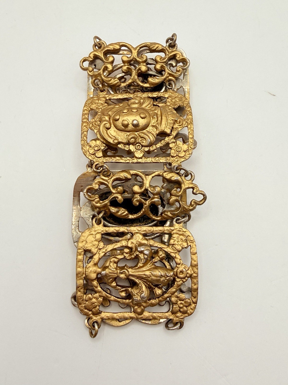 Antique 800 Silver Gilt Filigree Panel Bracelet 44g Ornate 7.5” Gold Washed