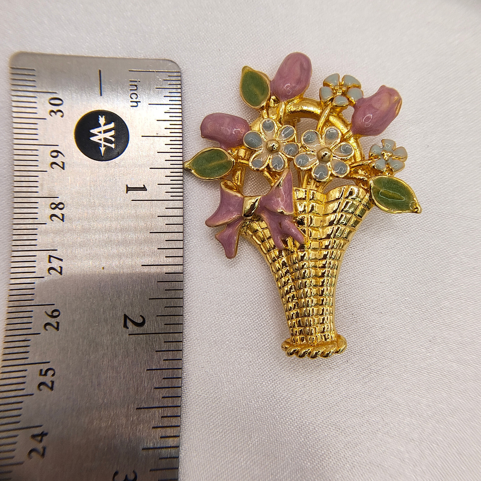 Vintage Flower Basket Brooch Pin Colorful Enamel Gold Tone Cottagecore