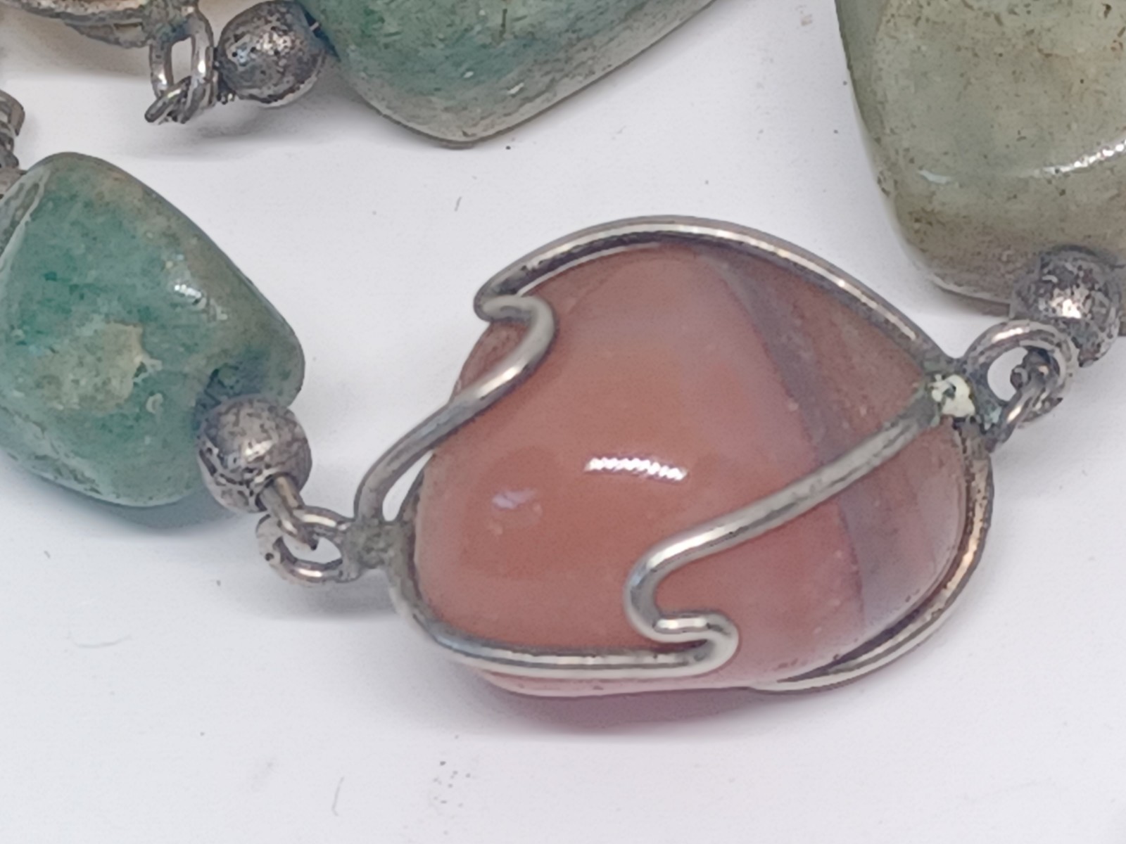 Vtg Artisan Wire Wrapped Tumbled Stone Linked Necklace 18″ Drop. Beggars Beads