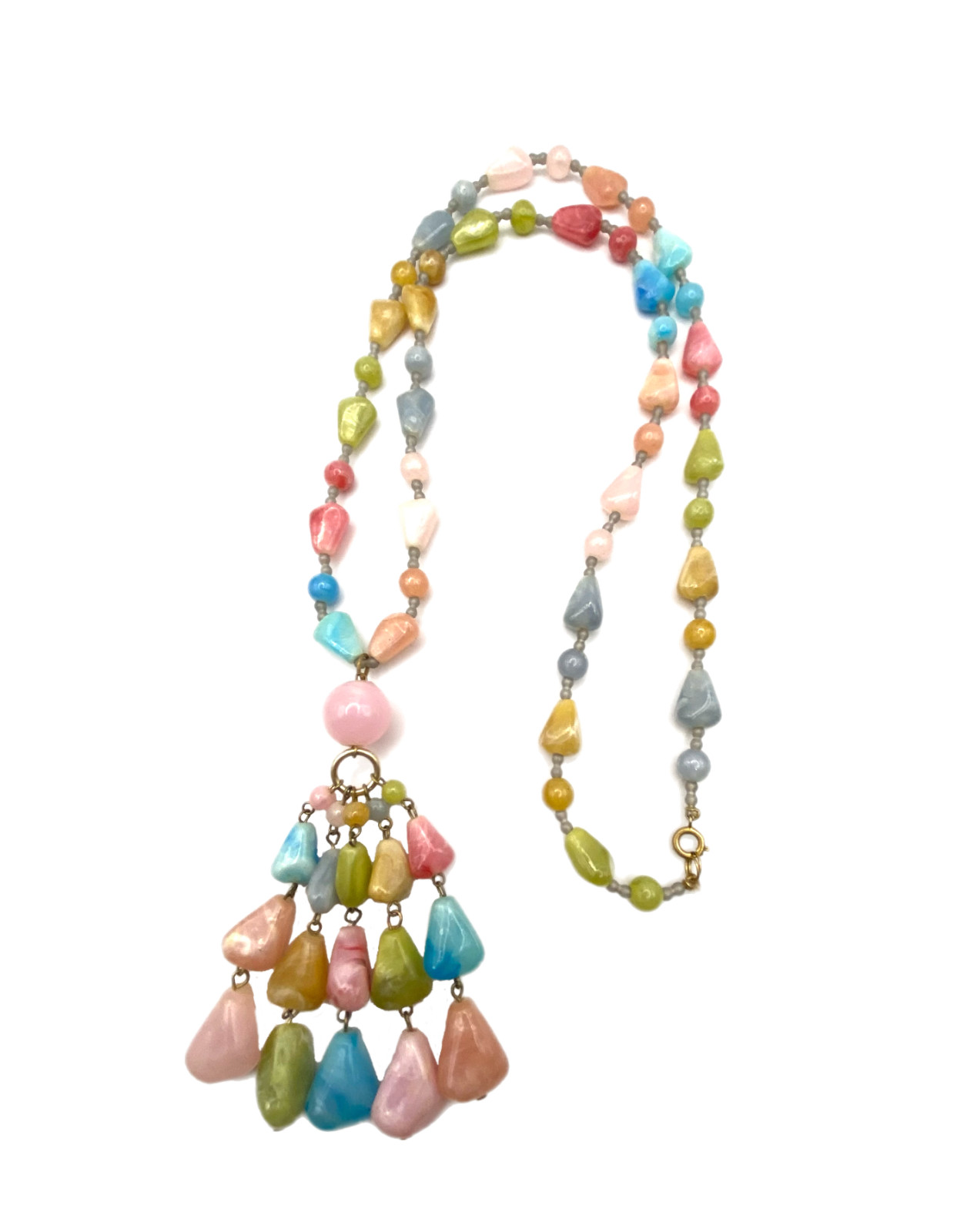 Vintage Chunky Pastel Multi-Color Beaded Tassel Pendant Necklace Plastic 30″