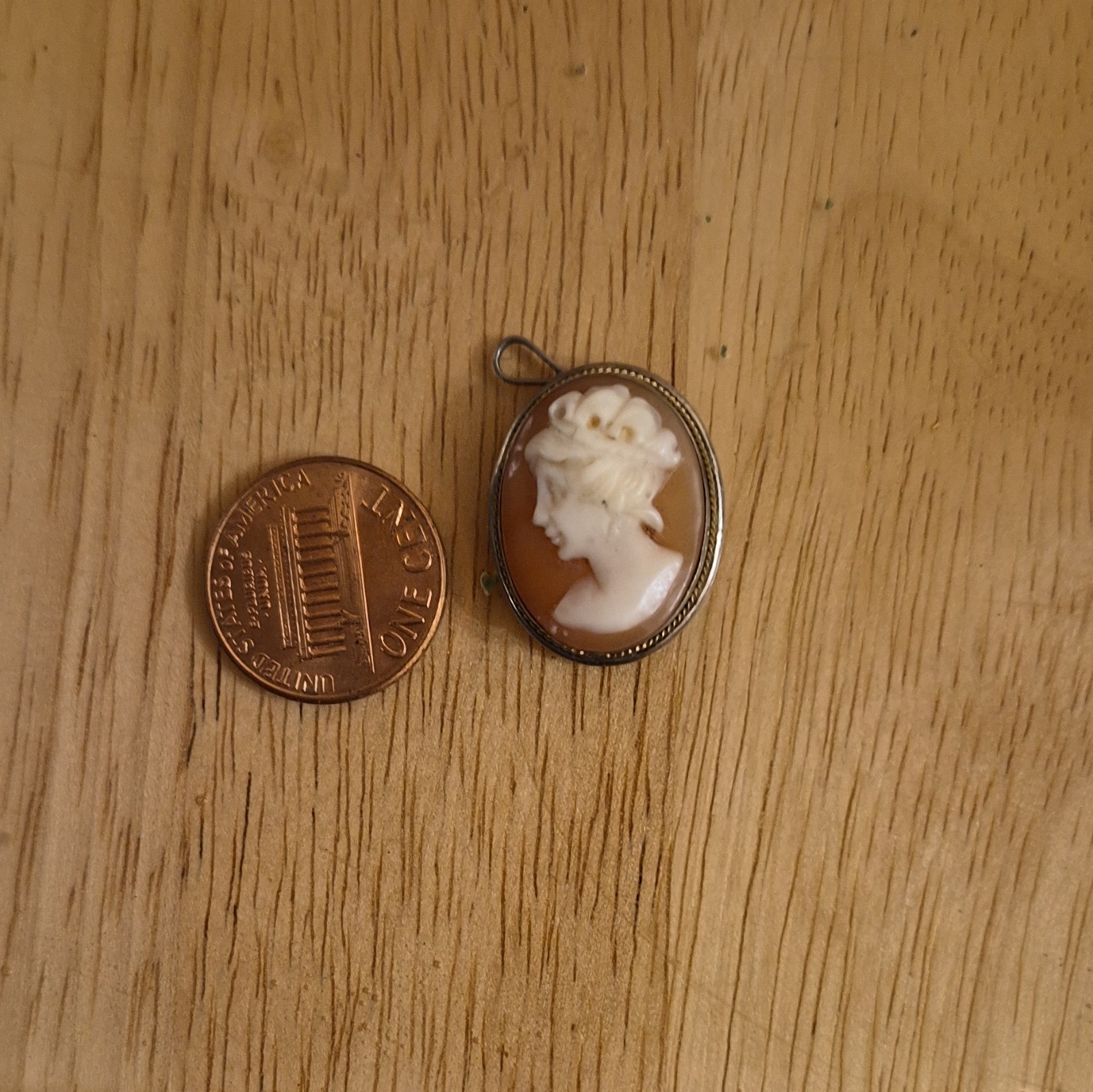 800 Silver Oval Cameo Pendant Charm Brown/White Carved Lady Portrait Profile