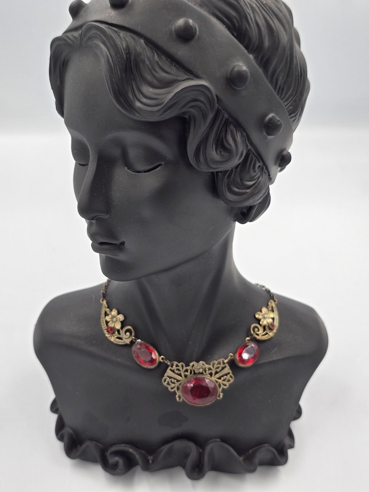 Antique Brass Filigree Necklace Red Glass Stones Art Deco Nouveau Style