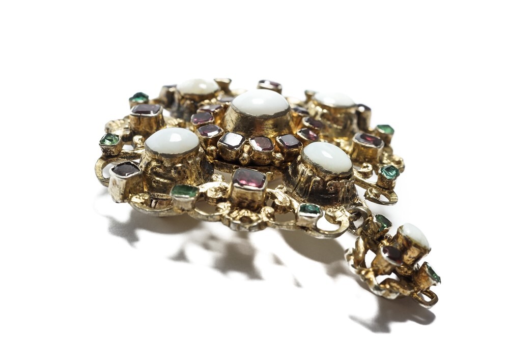 ANTIQUE AUSTRO HUNGARIAN SILVER GILT AGATE GARNET & EMERALD BROOCH PENDANT c1870