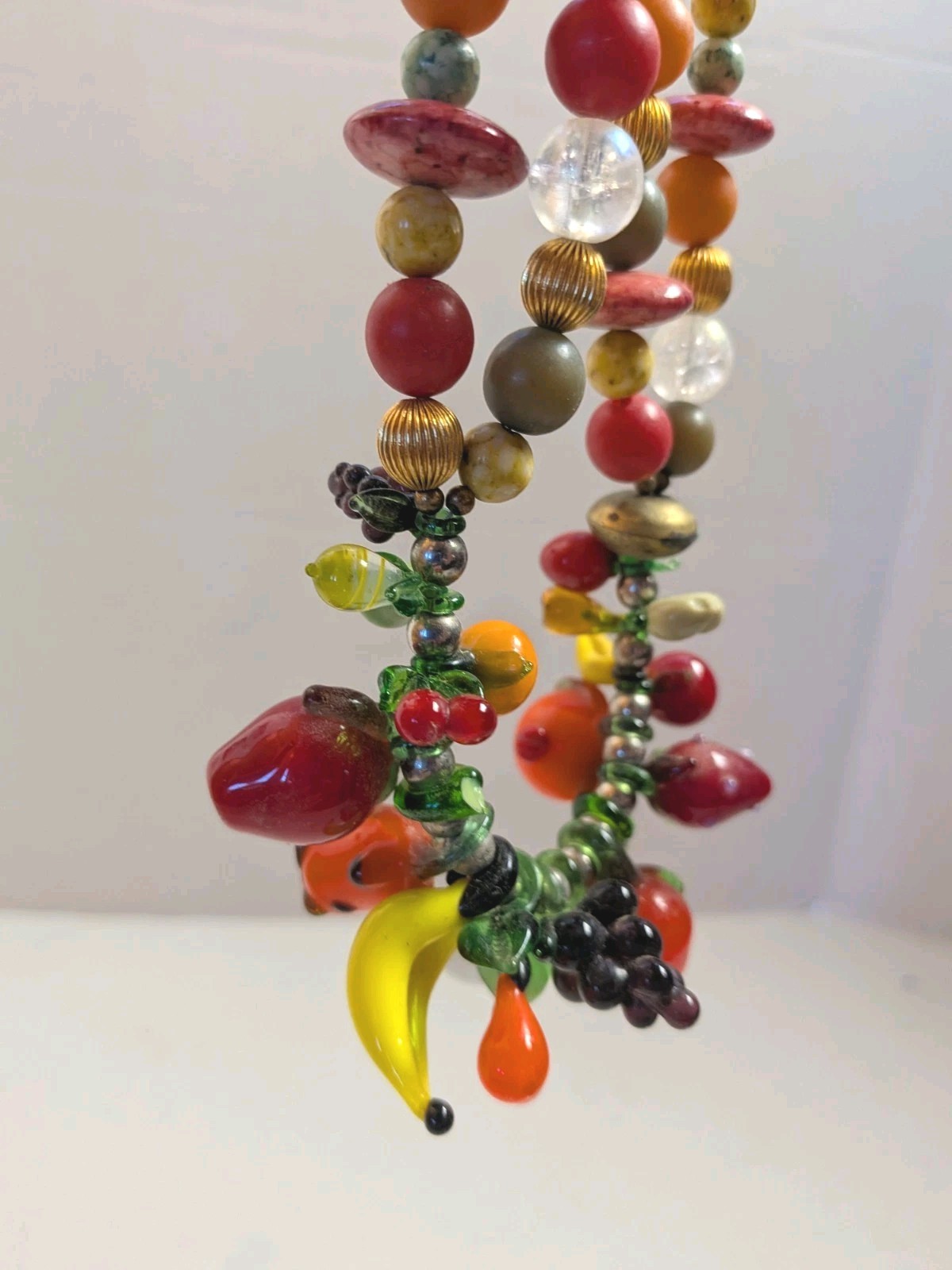 Vtg Fruit Salad Art Glass Fruit Dangle Charm Style Necklace Bananas Apple Grapes