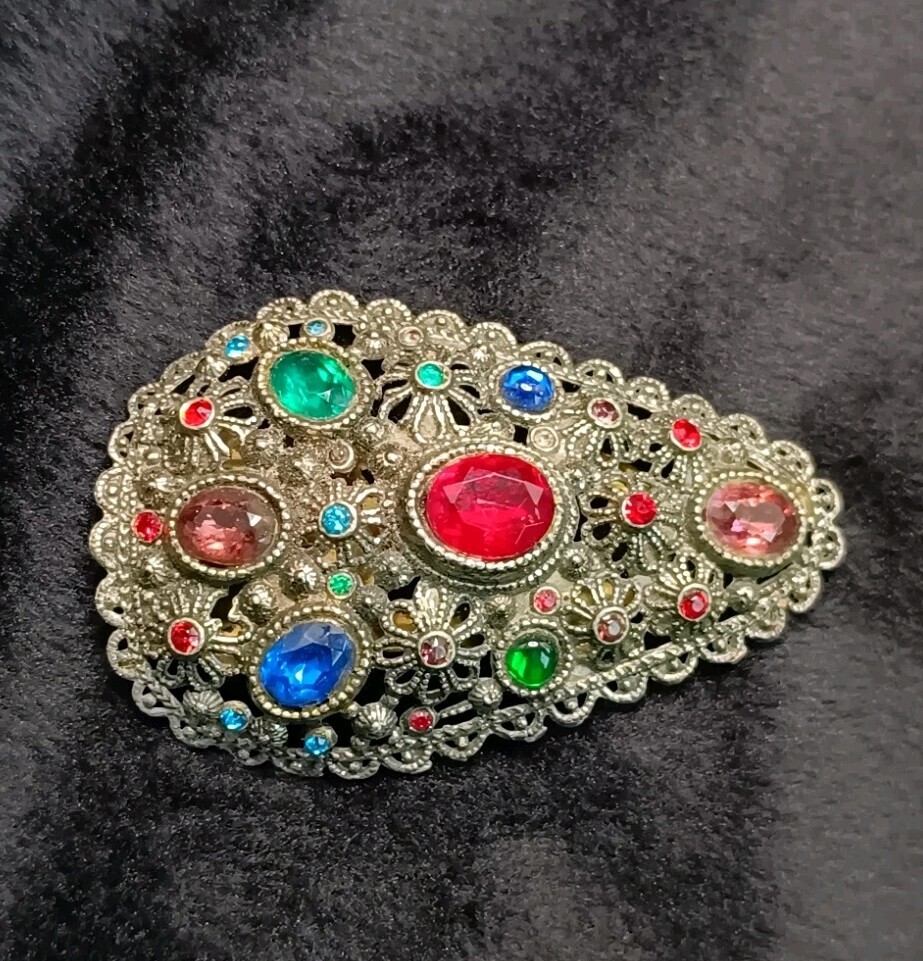 Vintage Filigree Dress Clip Signed NE (New England Glass Works) Multicolor Glass