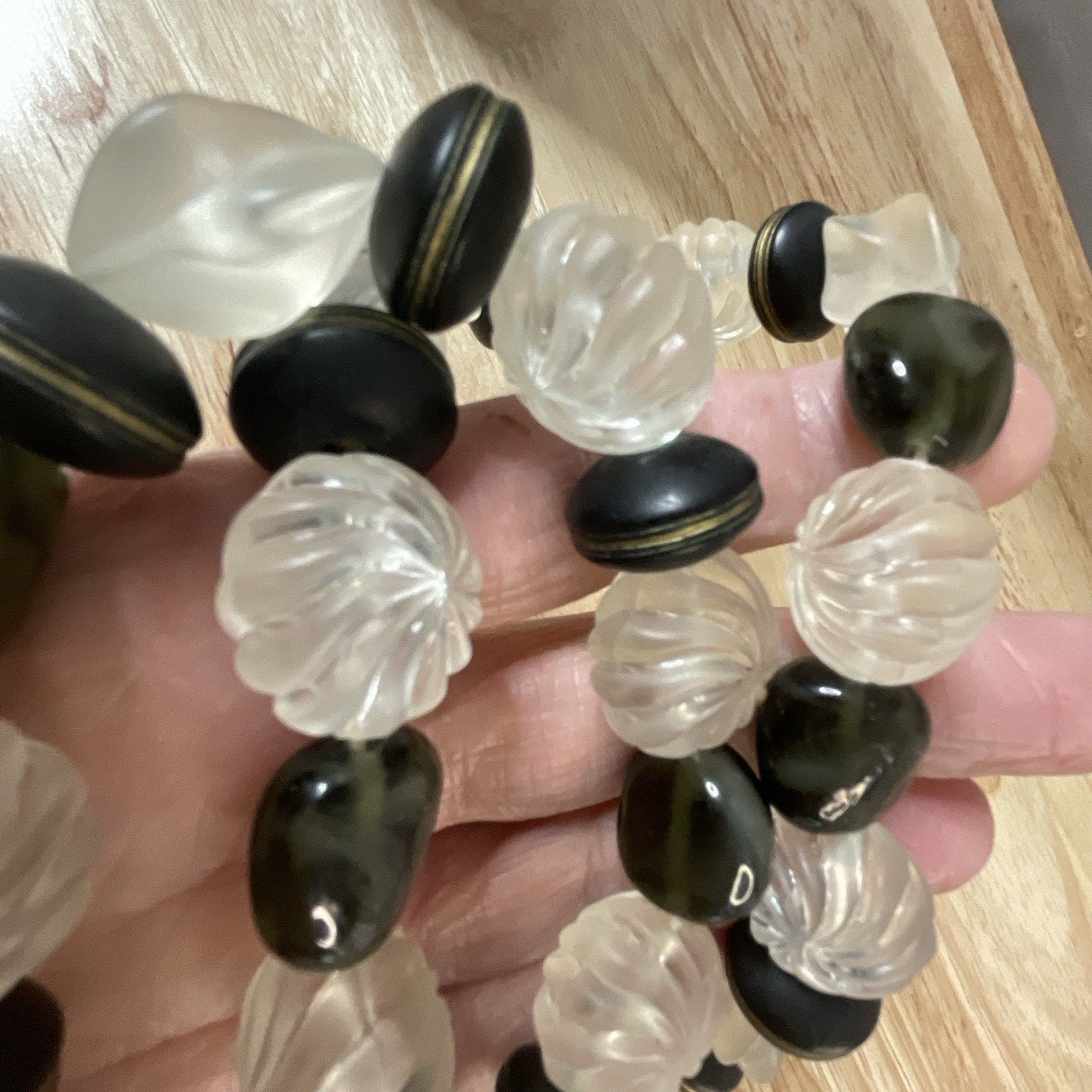 Vintage Frosted Lucite Bead Necklace Black Wood & Glass Chunky Retro 1980s 25″