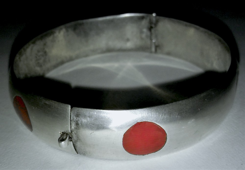 Vintage Mexican Silver Bracelet Taxco Red Polka Dot Bangle Frida Style Era Antiq
