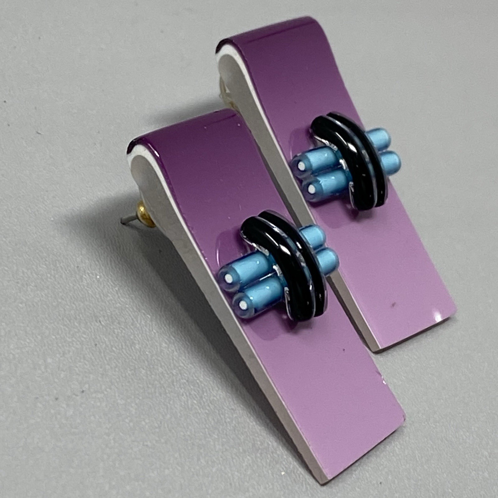 Purple Glass Earrings Pierced Blue Black Fused Lampwork Dangle Drop Rectangle