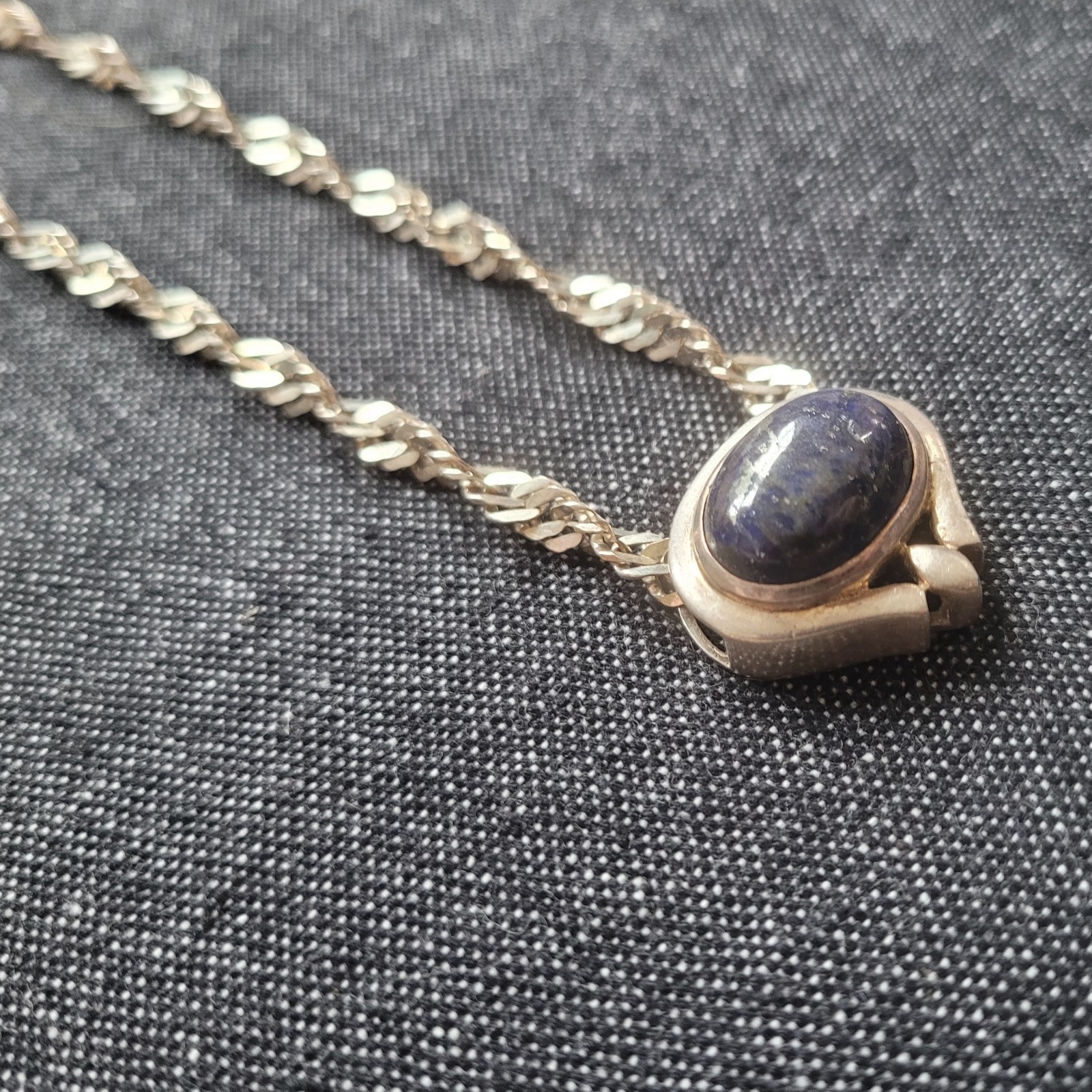 Vintage Sterling Silver Twist Miami Cuban Chain With Lapis Lazuli Pendant Blue