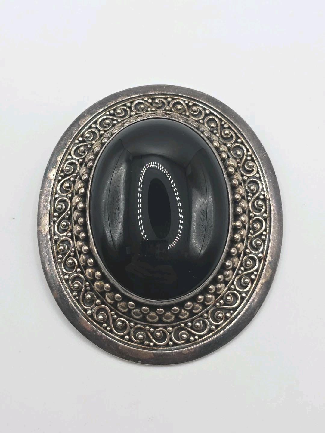 Vintage Sterling Silver 925 Large Oval Black Onyx Decorative Pendant 44g