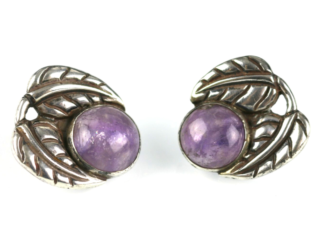 Vintage Los Castillo Taxco Mexico Sterling Amethyst Leaf Screw Clip On Earrings