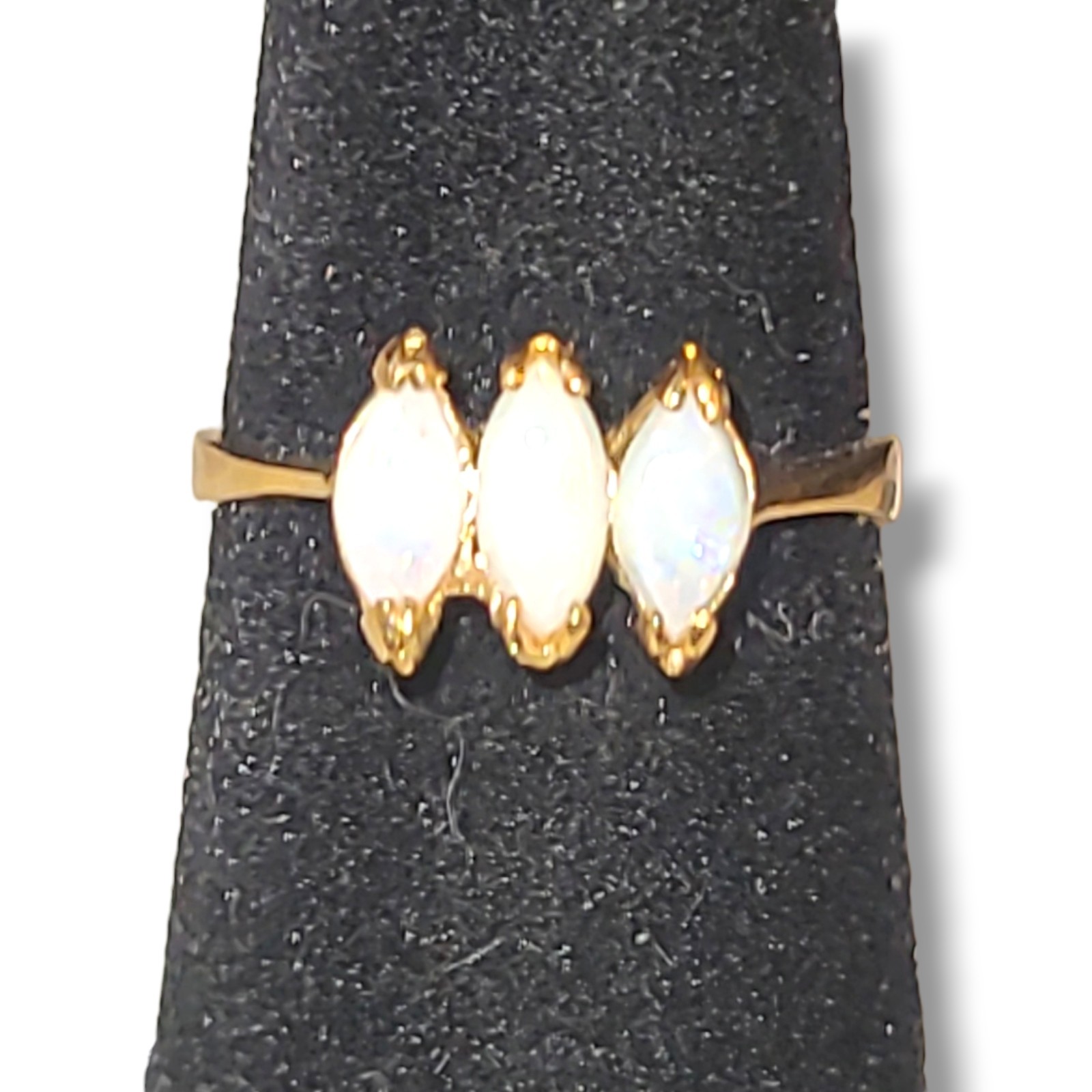 Vintage 18K HGE Genuine Opal Ring Size 5 Three Marquise Opals Cocktail Ring