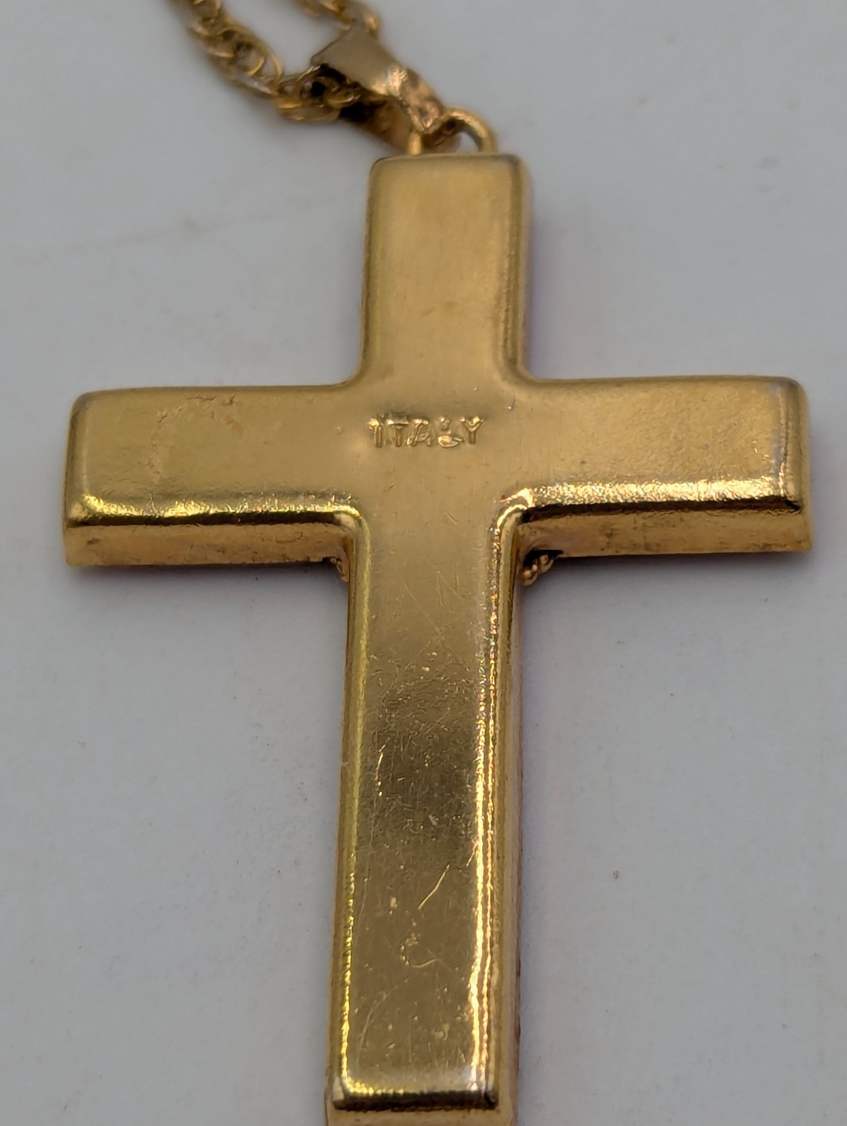 Micro Mosaic Italy Floral Cross Charm Pendant 1 3/4″ Necklace 18 1/2″ Gold Tone