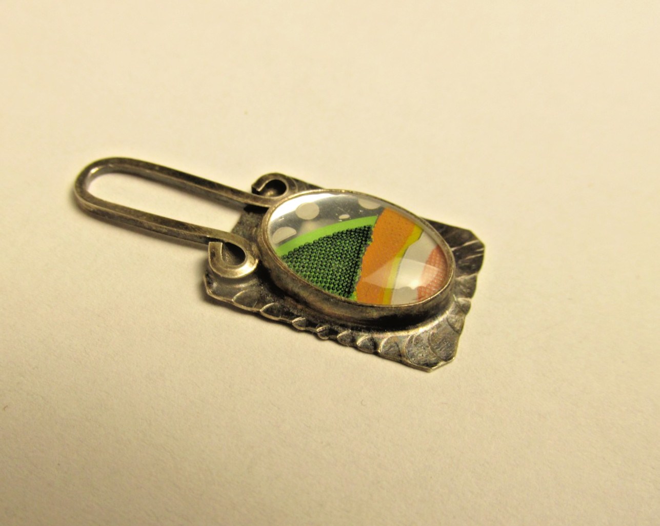 Sterling Silver Pendant Glass Domed Top Abstract Design Artisan Vintage Signed