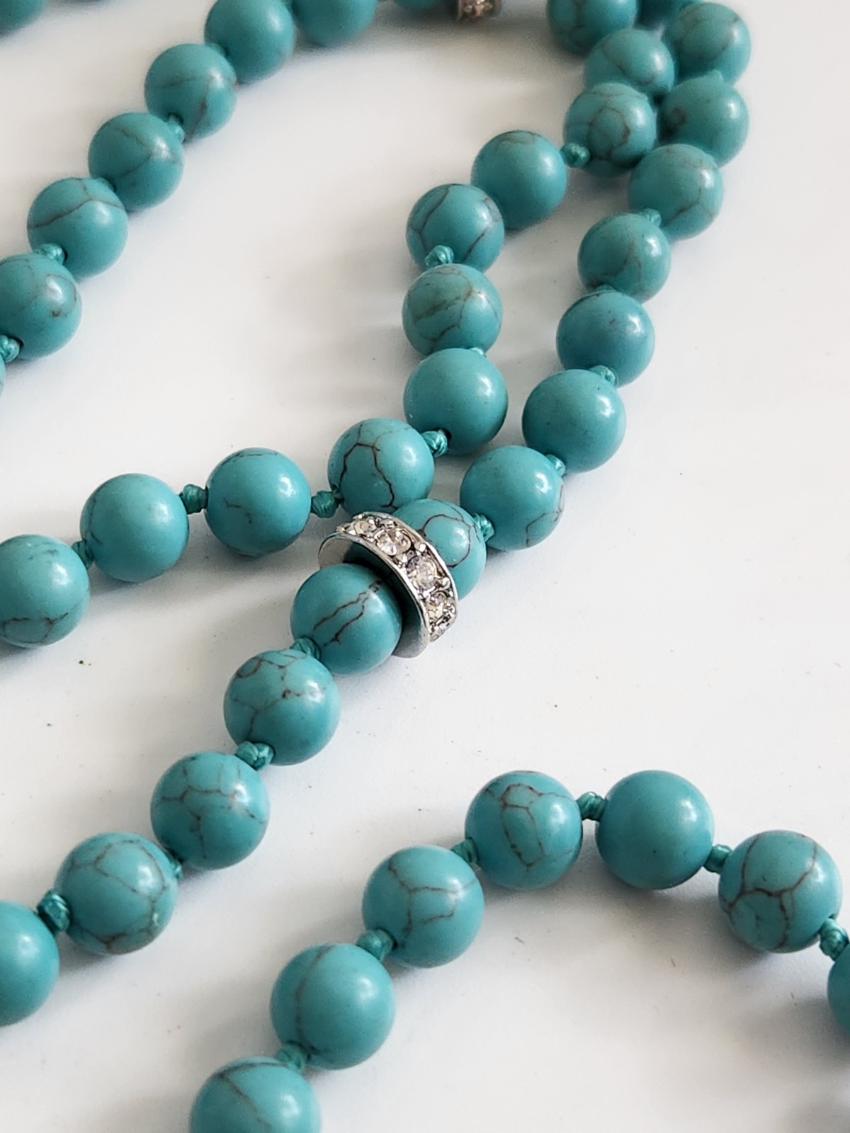 Vintage Genuine Turquoise Pave Rhines Hand Knot Necklace 50″ Mag Adjust 16 + 34