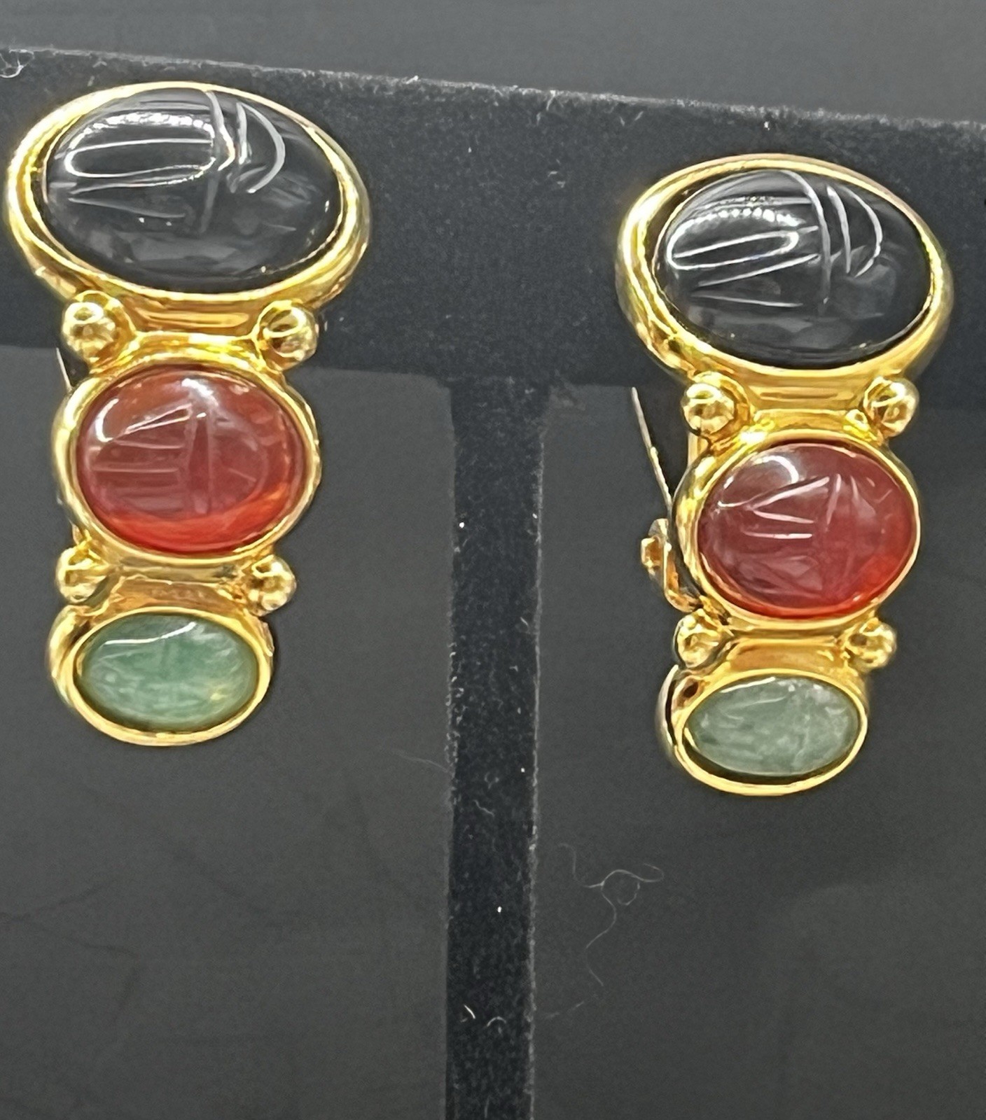 Egyptian Style Carved Scarab Weingeroff Glass/stone Half Hoop Drop Earrings