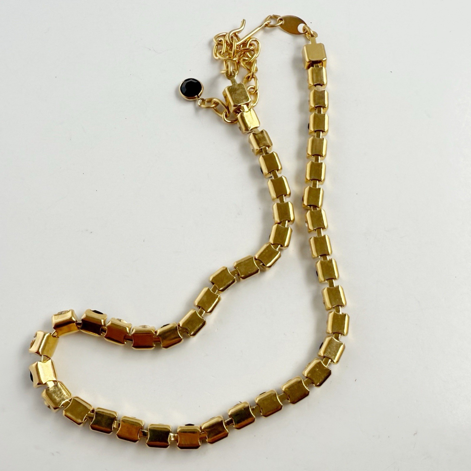 Vintage Trifari Black & Clear Rhinestone Tennis Choker Necklace Goldtone