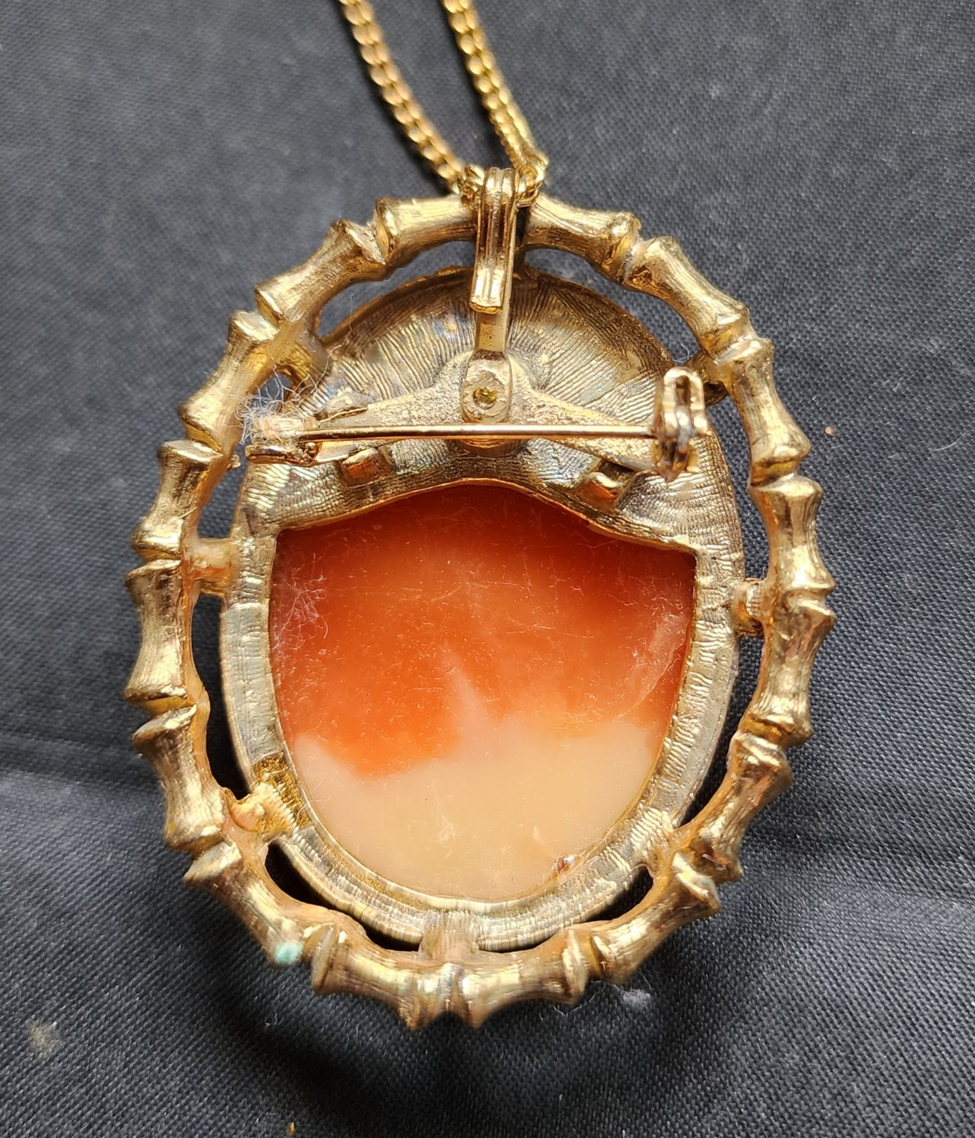 Vintage Salmon Color Lady Head Cameo Necklace Pendant Brooch Pin Beautiful NOS