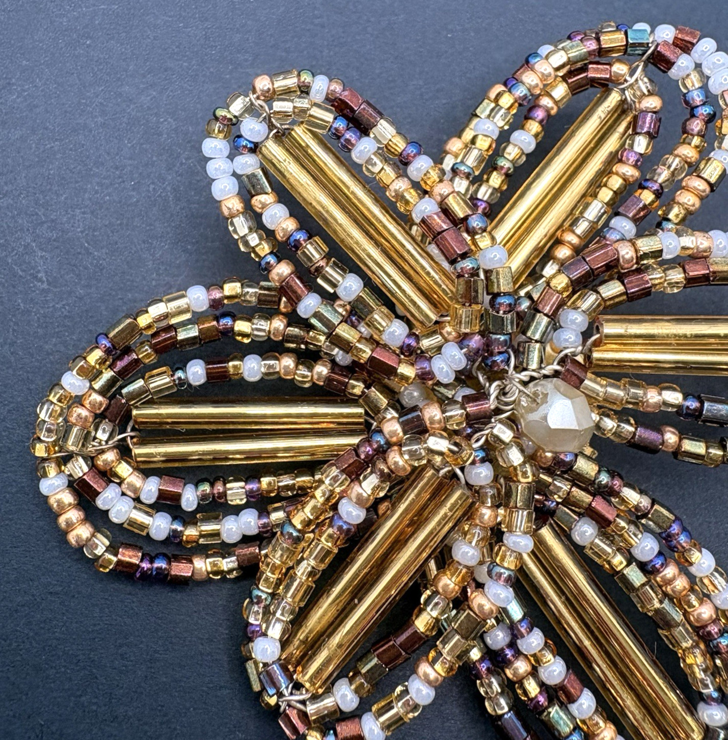 Vintage Joan Rivers Flower Floral Gold Brown White Glass Beaded Brooch Pin 2.5″