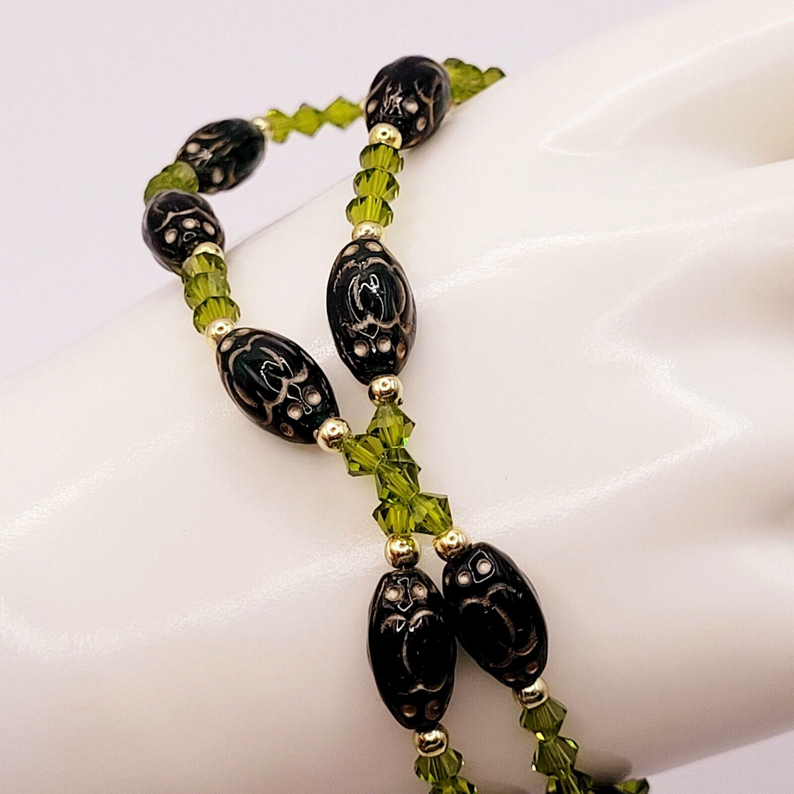 Green Art Glass Crystal Vintage Necklace Light & Dark Green Shades Gilded Beads