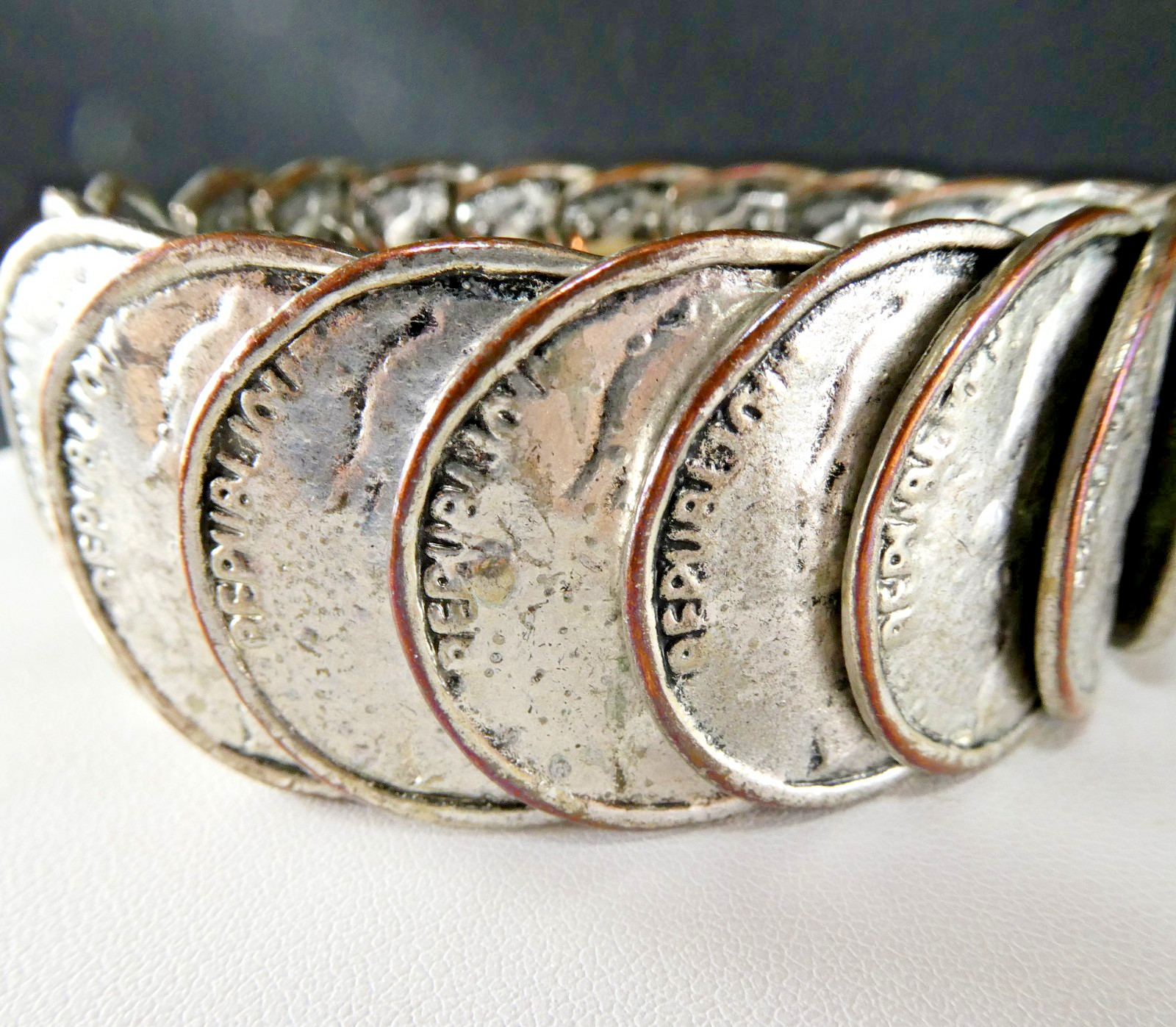 Vintage Silver Souvenir COIN Bracelet Stretch Expansion Large Coins Nice Quality